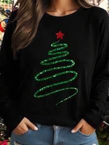 SHEIN LUNE Plus Size Christmas Tree Print Crew Neck Casual Long Sleeve T-Shirt, Graphic Tees, Women Tops For Spring - Black - View 6