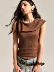 Easelle Women's Casual Coffee Brown Sleeveless Cropped Fashionable Versatile Women Top Flip Collar Design Is Fashionable - Brown - View 7