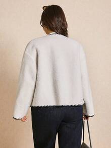 Elaquor Plus Size Winter Casual Simple All-Match Versatile Fleece Contrast Color Dogtooth Trim Boxy White Women Jacket - Beige - View 2