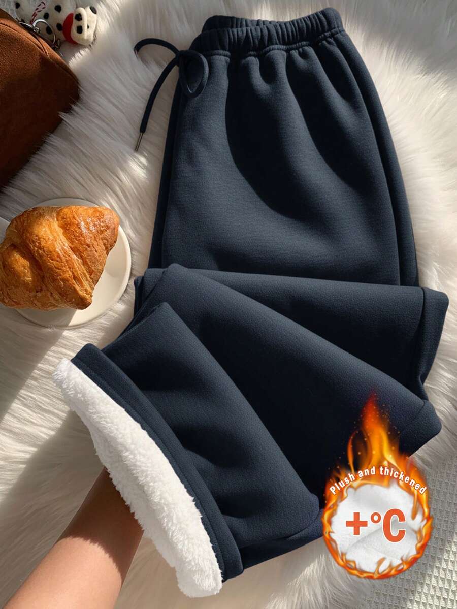 SHEIN EZwear 海军蓝女式秋冬保暖内衬休闲抽绳腰部宽松运动裤，适合日常穿着和返校季