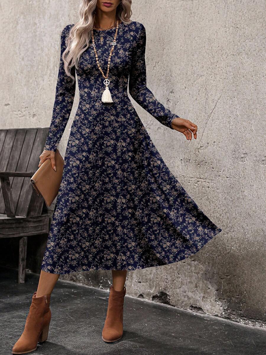 EMERY ROSE Women's Casual Vacation Style Full Floral Print Waist Cinched Long Dress, Spring/Autumn - Navy Blue - View 1