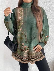 EMERY ROSE Camiseta larga de cuello alto con patrón floral elegante y retro de talla grande, para primavera/otoño - Multicolor - Ver 3