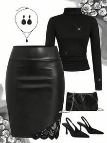 Ellevyn 女式纯色 PU 皮革优雅铅笔裙 - 黑色 - 查看 1