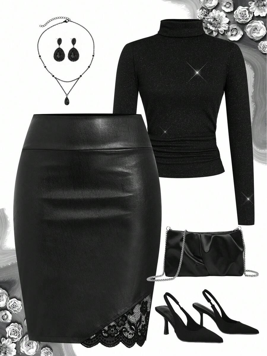 Ellevyn 女式纯色 PU 皮革优雅铅笔裙 - 黑色 - 查看 1