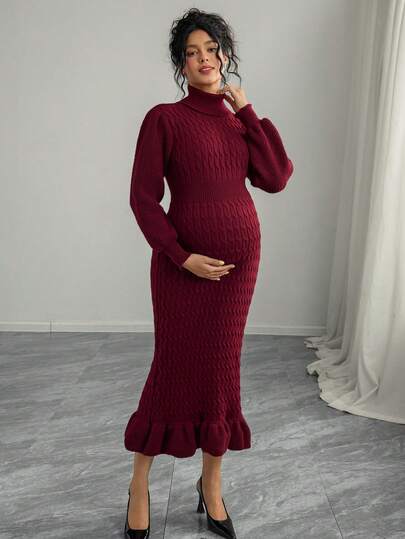 Momance Pregnant Women's Elegant Solid Color Cable Knit Ruffle Hem Sweater Dress, Autumn/Winter