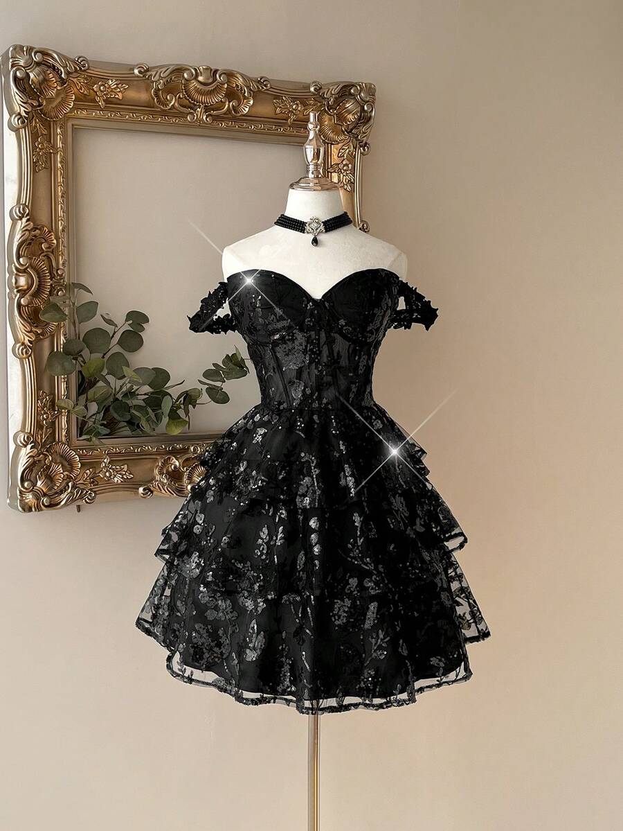 Lovelzi Elegant Luxurious Green Sequin Embroidered Patchwork Satin Bustier Waist See-Through Multi-Tiered Ruffle Hem Formal Gown