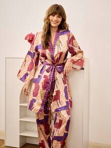 Chillnights Fashionable Casual Colorful Leopard Print & Striped Patchwork Long Sleeve Robe & Pants 2 Pieces Pajama Set For Women, Fall Winter Clothes - Blue - View 6