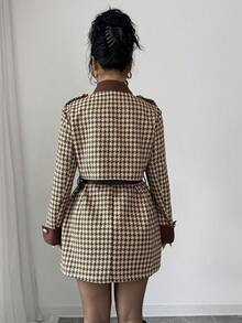 Elenzga 女士优雅奢华礼服，适合万圣节、圣诞节、沙特国庆节、新年派对、毕业典礼、婚礼，粗花呢拼色斗篷风衣配腰带，常规长度修身大衣，棕色和卡其色，带口袋 - 棕色 - 查看 2