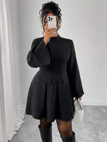 Elenzga Plus Size Women's Solid Color Stand Collar Lantern Sleeve Ruffle Hem Elegant Mini Dress, Faux Pocket Chic Blazer Dress - Black - View 6