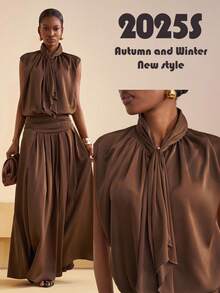 Zivah 2025 Winter New Style Christmas New Year Birthday Party Banquet Preppy Style Student Wear Everyday Street Basic Versatile Casual Cruise Travel Internet Celebrity Hot Style Elegant Commuter Business Casual Gathered Small Stand-Up Collar V-Neck Loose Shirt With Ribbon + Gathered Maxi Skirt Coffee Glitter Satin Satin Autumn/Winter Set Christmas Set New Year Set Women's Two-Piece Set - Rust Brown - View 9