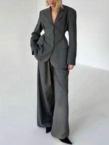 Siren Gaze 女士秋冬梭织条纹修身西装套装 - 灰色 - 查看 9