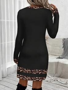 SHEIN LUNE Đầm dài tay ôm sát màu đen dành cho nữ, kiểu dáng tối giản, thoải mái, thích hợp mặc hàng ngày, họa tiết da báo và sọc cổ điển, cổ áo và tay áo xoắn tương phản, thoải mái cho mùa xuân và mùa thu. - Nhiều màu - Xem 2