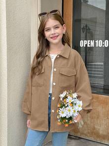 SHEIN 青少年女孩纯驼色灯芯绒翻盖口袋落肩长袖外套，适合秋冬休闲日常穿着 - 駝色 - 查看 8
