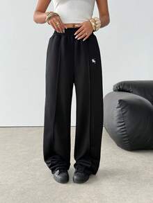 SHEIN Teen Girl Embroidered Loose Fit Casual Long Sweatpants Pants Cute Black Baggy Pants Black Sweat Pants Black Sweatpants Loose Pants - Black - View 4