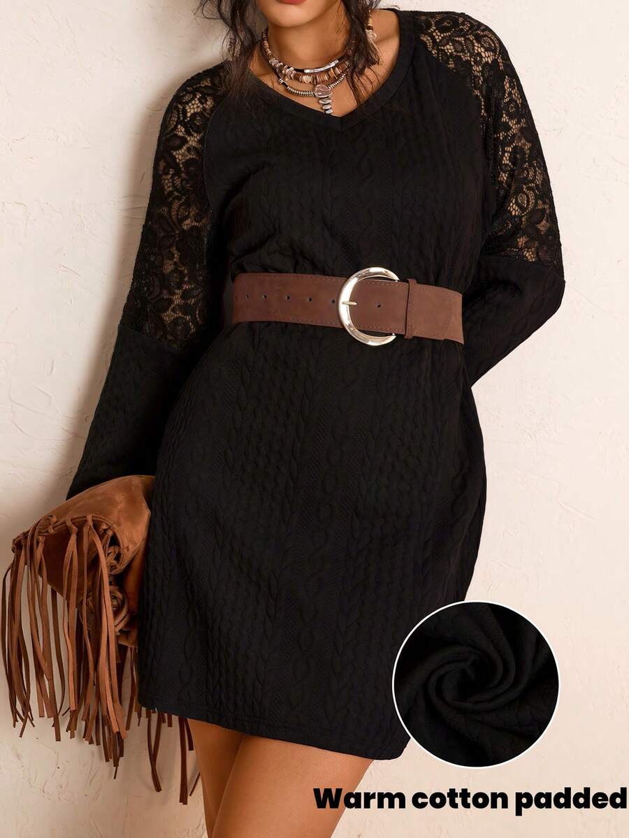 Freevana Váy tay raglan ren chắp vá màu trơn cỡ lớn - màu đen - Xem 1