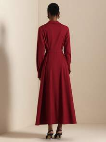 Lyxana Women's Elegant Collared Metal Button Decor Tie Waist Long Sleeve Dress - Red - View 2