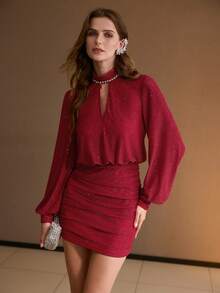 MOTF PREMIUM WOMEN'S RUCHED STYLISH SHORT DRESS, AUTUMN/WINTER - Red - View 7