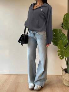 SHEIN EZwear 秋冬女士灰色针织连帽卫衣 - 深灰色 - 查看 5