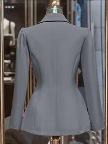 Franclia 通勤时尚百搭束腰双排扣金属纽扣撞色黑色饰边卡其色女式西装外套，优雅春秋季外套，女士商务休闲服装，漂亮女士西装外套 - 灰色 - 查看 2