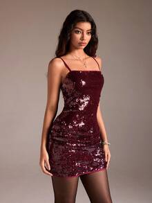 SHEIN Unity 1pc Wine Red Sequin Ruched Bodycon Party Christmas Mini Dress For Women, Suitable For Summer, Autumn & Winter - Burgundy - View 5