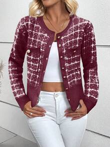 EMERY ROSE Elegant Plaid Front Button Round Neck Cardigan, Autumn/Winter, Christmas - Burgundy - View 3