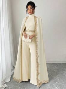 Rafferiza 女士优雅连体裤，带贴花，拼接立领斗篷设计，宽腿 - 杏色 - 查看 7