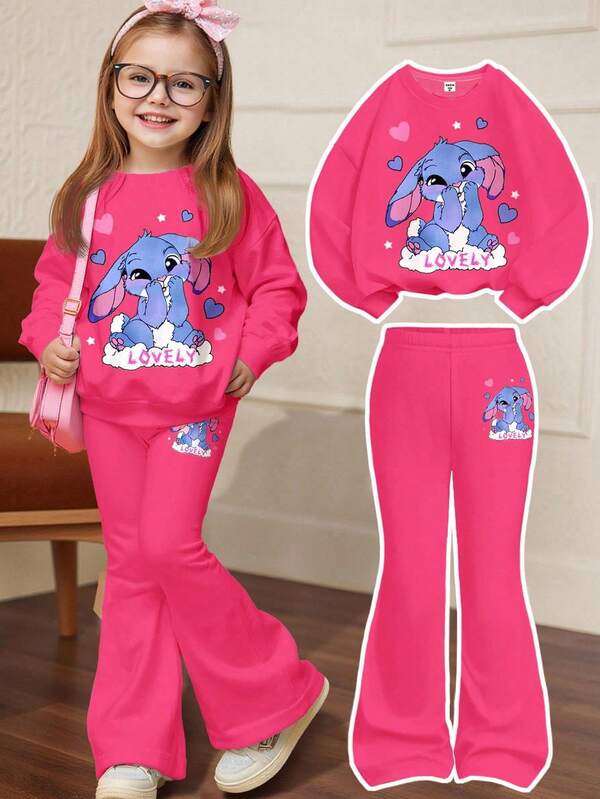 SHEIN 1 Set Young Girl Cute Cartoon Rabbit Lulu & Stitch Print Thick Crew Neck Long Sleeve Sweatshirt And Flare Pants Outfit, Suitable For Autumn/Winter, Casual Stylish Kids Graphic Clothes For Outing, Easy Comfort, Autumn Layers