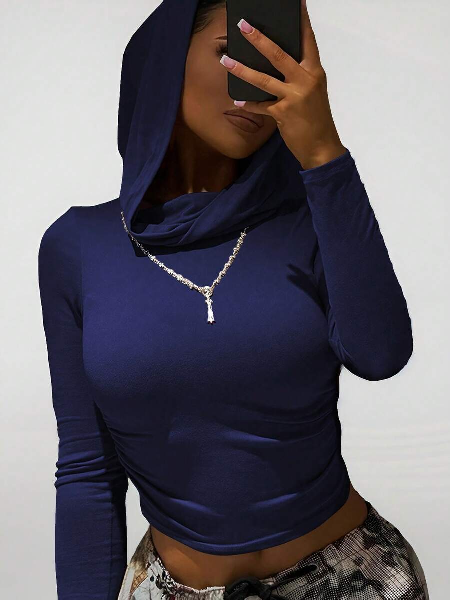 SHEIN 女式纯色长袖褶饰修身休闲连帽 T 恤 - 寶藍色 - 查看 1