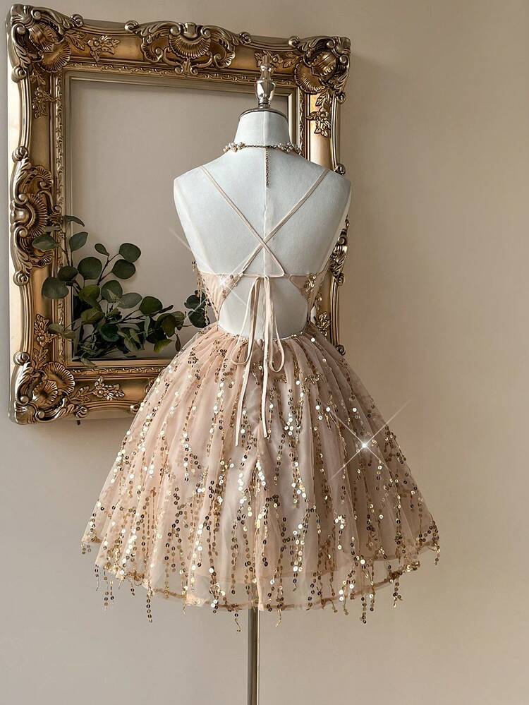 SHEIN Belle Vestido elegante y hermoso con tirantes de lentejuelas doradas, espalda descubierta con cordones, línea A y manga abullonada para mujer. Ideal para graduación, fiestas, cócteles, bailes de promoción, bodas y otras ocasiones especiales como cumpleaños, San Valentín, etc. - Dorado - Añade 7