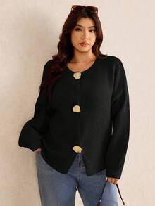 Elaquor Plus Size Minimalist Casual Solid Color Metal Button Decor Knit Cardigan, Autumn/Winter - Black - View 3