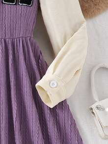 Khaki Textured Fabric Long Sleeve Dress - Purple - View 3