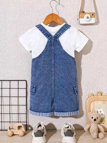 SHEIN Playful Pals 男婴休闲可爱百搭蓝色水洗牛仔背带裤（仅裤子） - 中等水洗藍 - 查看 2