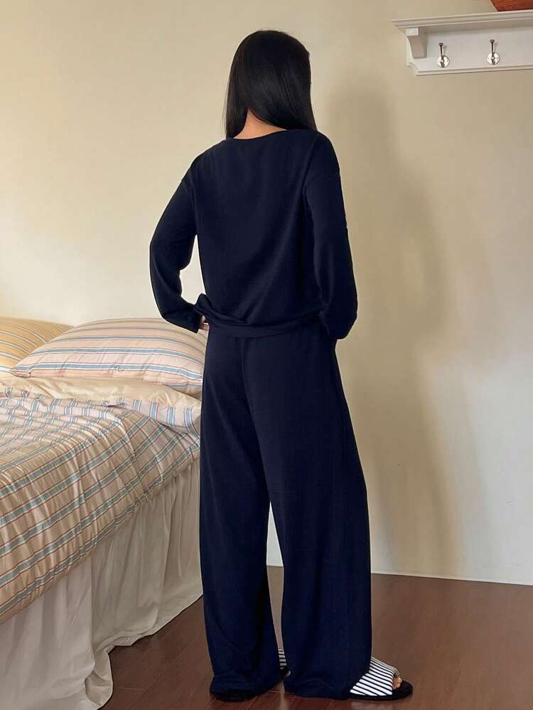 Women's Simple Solid Color V-Neck Loungewear Set, Autumn