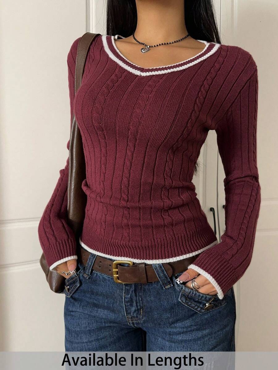 SHEIN Tall CURVE Christmas Plus Size Women Casual Wine Red Contrast Trim V-Neck Long Sleeve Simple Sweater, Casual Everyday Wear, Autumn/Winter - Burgundy - View 1