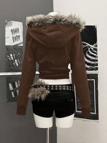 StreetHx 女式街头风连帽毛领修身长袖夹克，秋季 - 棕色 - 查看 2