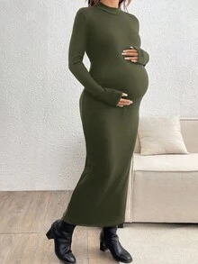 SHEIN 纯色舒适保暖长袖孕妇装，简约日常穿着 - 綠色 - 查看 3