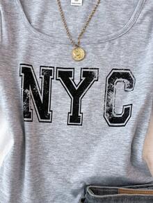 SHEIN Glowzi 少女休闲露肩灰色纽约字母印花T恤 - 灰色 - 查看 4