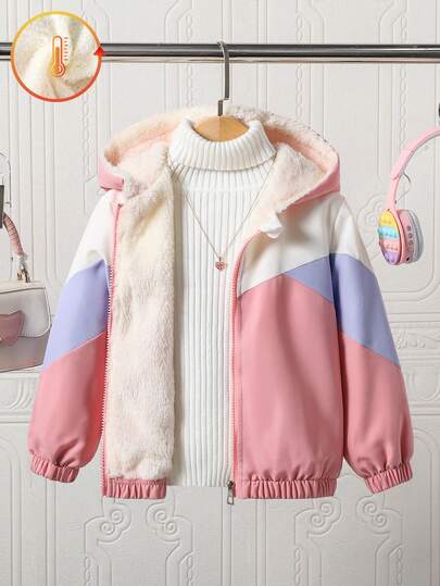 少女休闲时尚简约粉色多巴胺色连帽保暖外套，宽松版型，舒适百搭，适合秋季、春季、冬季日常穿着、通勤、户外玩耍、运动、上学、街头穿搭、派对和拍照等场合。