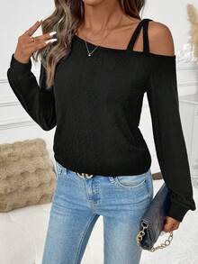SHEIN Clasi Women's Solid Color Asymmetrical Shoulder Long Sleeve Casual Fashion T-Shirt In Fall/Winter, Black Long Sleeve Knit T-Shirt, New Year Thanksgiving Party