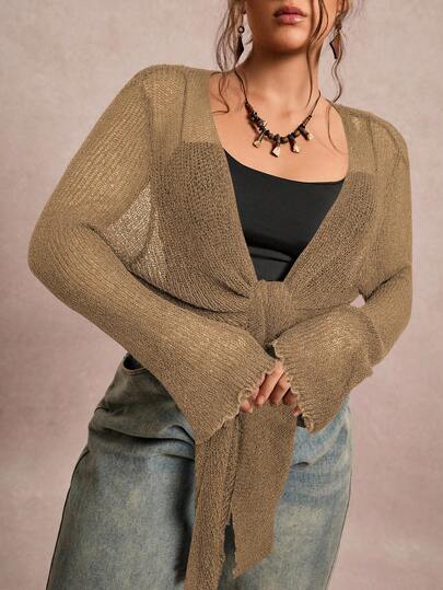 Freevana Plus Size Solid Color Twist Front Sheer Casual Stylish Long Sleeve Cardigan