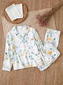 SHEIN 2 件套女童花卉印花休闲宽松翻领开衫和裤子套装，优雅时尚 - 白色 - 查看 6