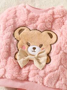 SHEIN 两件套婴儿服装套装，可爱熊头图案毛绒绒卫衣和长裤，粉色，秋冬 - 藕粉色 - 查看 8