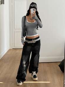 Coolane Women's Fall Winter Y2K Concert Rave Going Out Grey Slim Fit Fake Long Sleeve Top - Grey - View 4