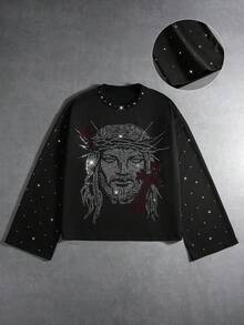 PAVTROS Herren Lässige Mode Street Strass Jesus Kreuz Muster Weite Langarm Loose Schwarzes T-Shirt, Frühling/Herbst