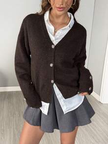 SHEIN LUNE Novo suéter cardigan estilo coreano de outono/inverno com decote em V e cor sólida, elegante e versátil para mulheres