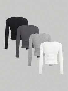 SHEIN EZwear 4pcs Women's Casual, Versatile, All-Match Solid Color Long Sleeve Tight Fit Knit T-Shirts, Suitable For Spring & Autumn Daily Wear Basics Tops Women 3 Packs Tops Tight Fitted Tops Long Sleeve Crop Tops Women Long Sleeve Tops,Fall,Fall Clothes For Women Women Long Sleeve Tops - Dark Grey - View 2