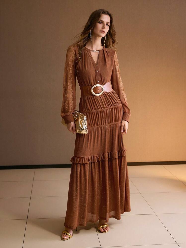 レース袖 ラッフルヘム ワンピース カットアウトネック レディース、ベルト無し、秋冬