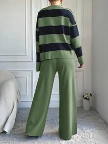 EURMUSE 2 件女士休闲撞色 V 领短袖毛衣和裤子套装，秋冬 - 彩色 - 查看 2