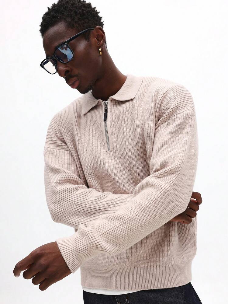 Ribbed Knit Half-Zip Collared Pullover