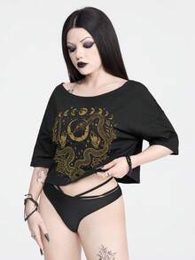 ROMWE Goth Camiseta corta de mujer con estampado floral de patrón de piel de serpiente con estrellas y luna para el verano - Negro - Ver 5